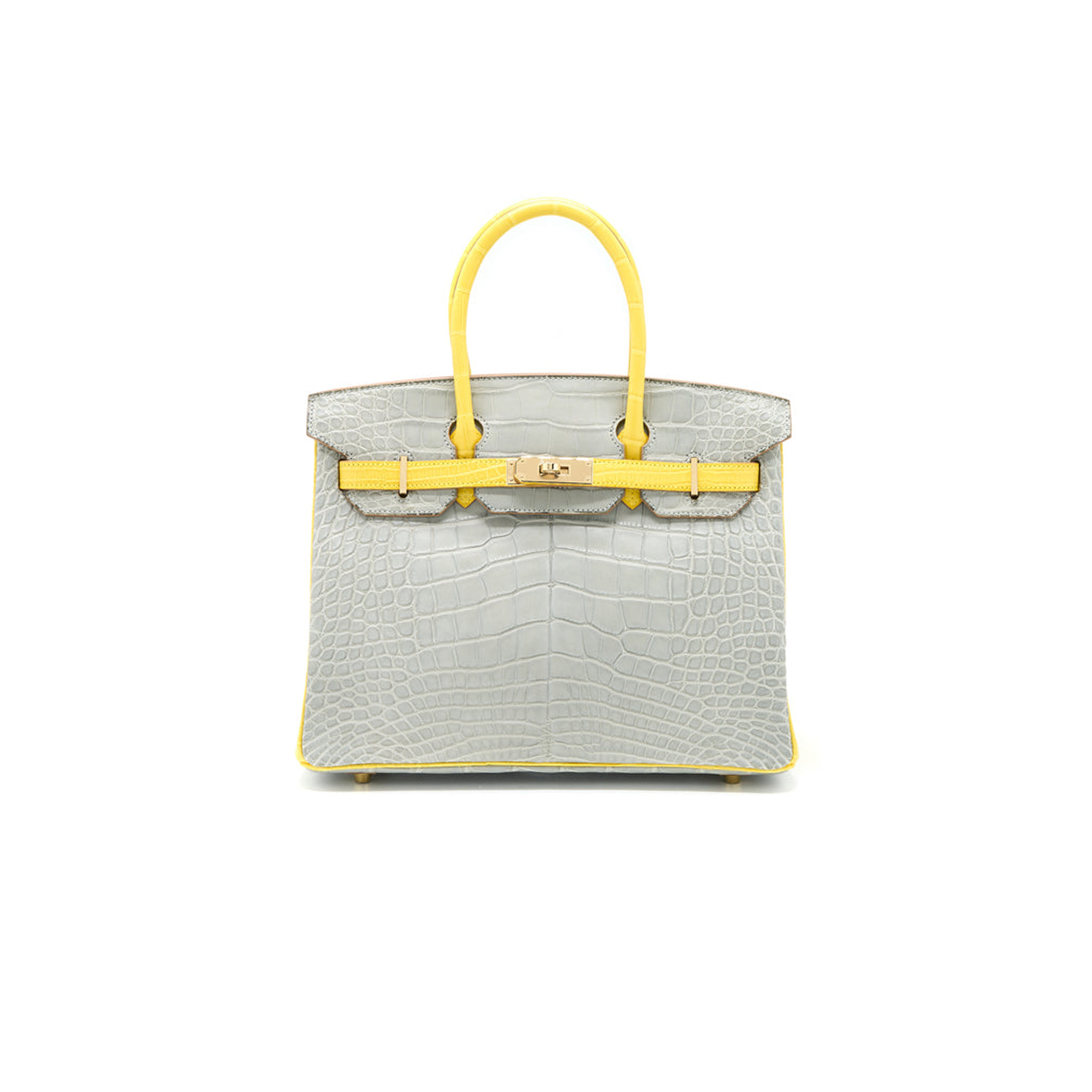 HERMÈS MASTER BIRKIN 25 CROCODILE LEATHER PEARL GREY AND YELLOW BAG GOLD BUCKLE H041354CK2S (25*20*13cm)